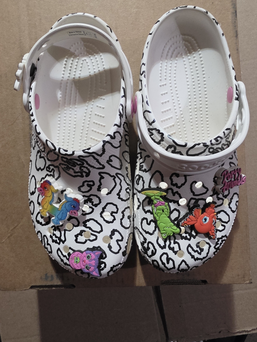 Ron English White Leopard-Print Clog Shoes with Colorful Charms